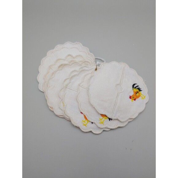 SET OF 12 ROOSTER MADIERA Vintage Cocktail Napkins 10 Matching Drink Coasters - Picture 2 of 11